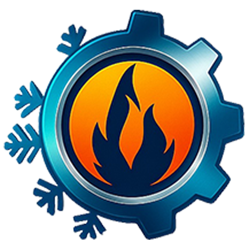 Blue gear with orange flame and snowflake elements, representing balance of heating and cooling.