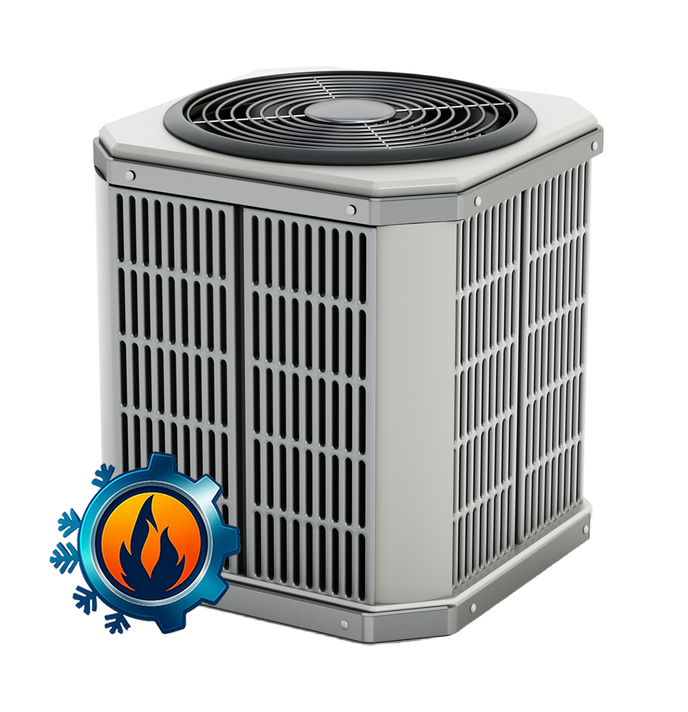 HVAC unit with cooling and heating icons, energy efficiency design.