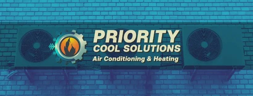 Priority Cool Solutions logo on a brick wall with air conditioning units.
