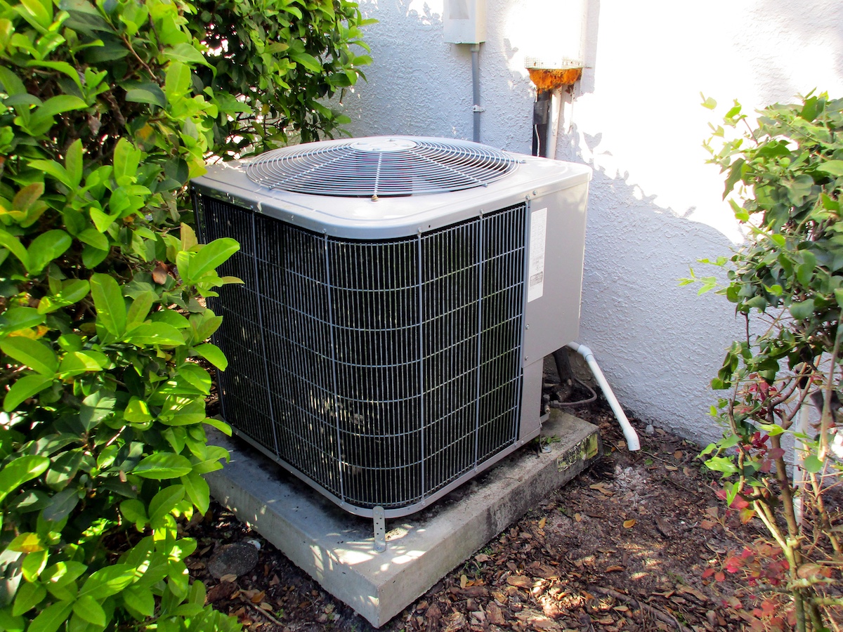 Outdoor air conditioning unit surrounded by greenery.